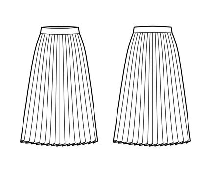 Skirt pleat technical fashion illustration with below-the-knee silhouette, circular fullness, thick waistband bottom