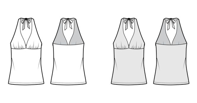 Top empire seam and tieback halter tank technical fashion illustration with close-fitting shape, oversized. Flat apparel