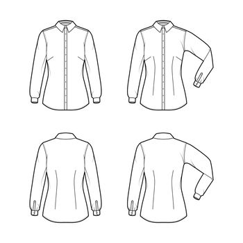 Shirt fitted technical fashion illustration with elbow fold long sleeve, slim fit, darts, button-down