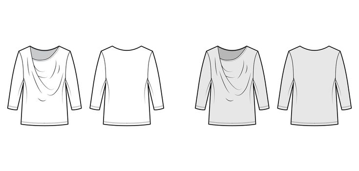 T-Shirt draped technical fashion illustration with long sleeves, tunic length, oversized. Apparel blouse top outwear