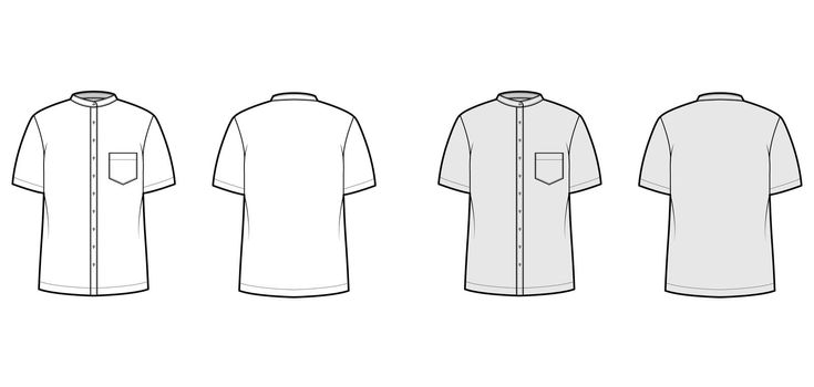 Shirt nehru collar technical fashion illustration with short sleeves, angled pocket, mandarin neck. Flat indian jacket