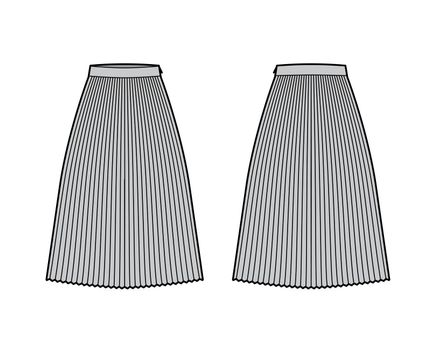 Skirt sunray pleat technical fashion illustration with below-the-knee midi length silhouette, circular fullness bottom