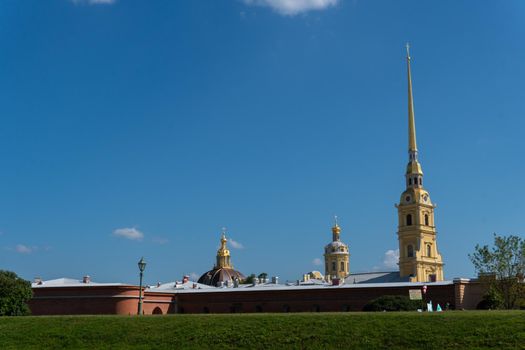 RUSSIA, PETERSBURG - AUG 20, 2022: russia cathedral peter fortress petersburg city church travel landmark, for tourism sky for st and history tower, museum view. Fort water column,
