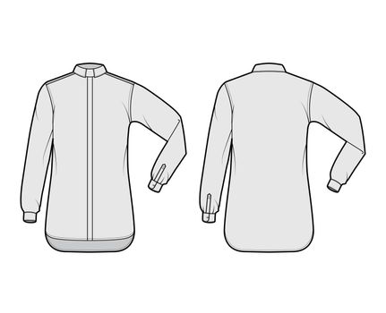 Shirt clergy technical fashion illustration with elbow fold long sleeves, relax fit, concealed button-down, Tab Collar