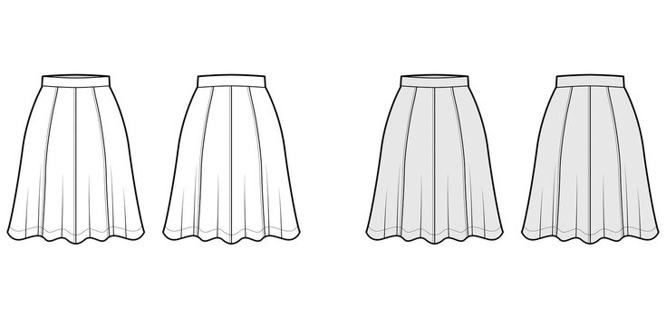 Skirt eight gore technical fashion illustration with below-the-knee silhouette, semi-circular fullness bottom template