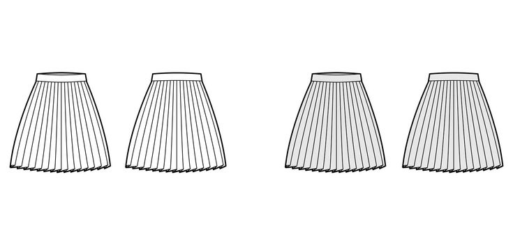 Skirt pleat technical fashion illustration with above-the-knee silhouette, circular fullness, thick waistband bottom
