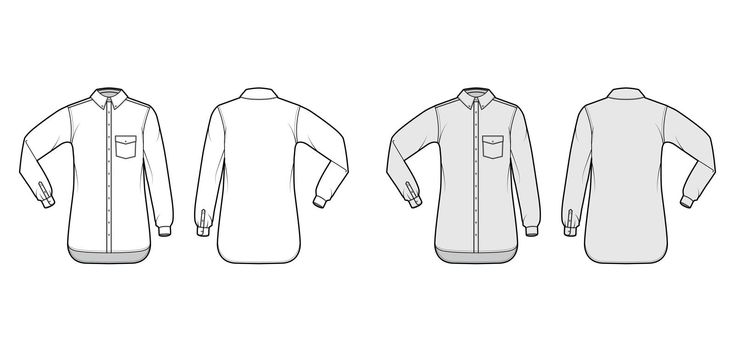 Classic shirt technical fashion illustration with angled pocket, elbow fold long sleeve, relax, buttons, regular collar