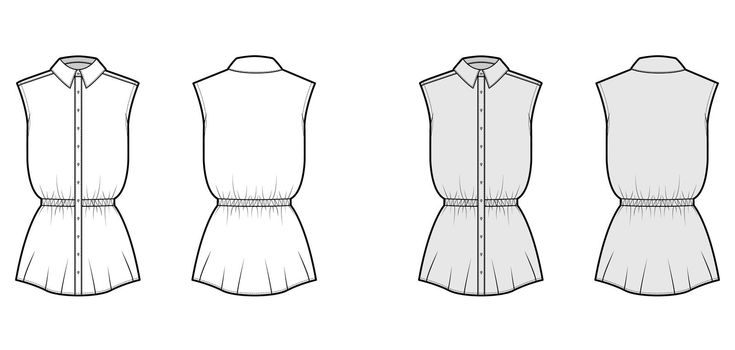 Shirt drawstring gathered waist technical fashion illustration with sleeveless, tunic length, classic collar apparel