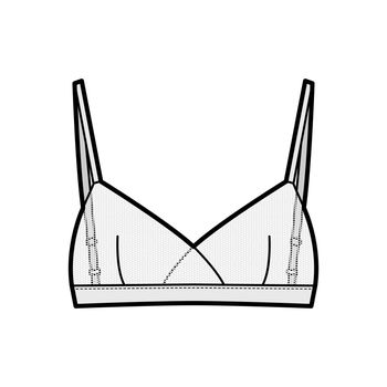 Sheer Bralette lingerie technical fashion illustration with adjustable shoulder straps, hook-and-eye closure. Flat