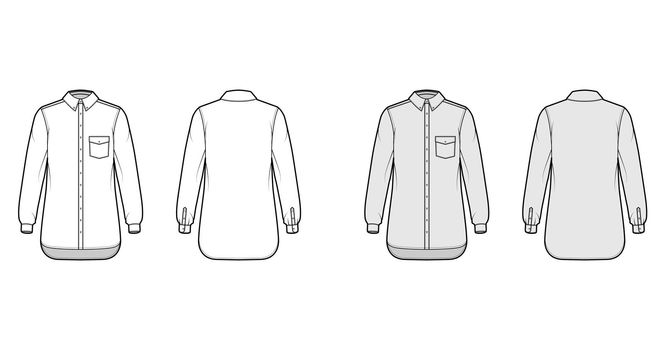 Classic shirt technical fashion illustration with angled pocket, long sleeves, relax fit, front button-fastening