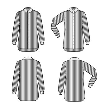 Set of Shirt cleric stripe technical fashion illustration with elbow fold long sleeves, relax fit, button-down