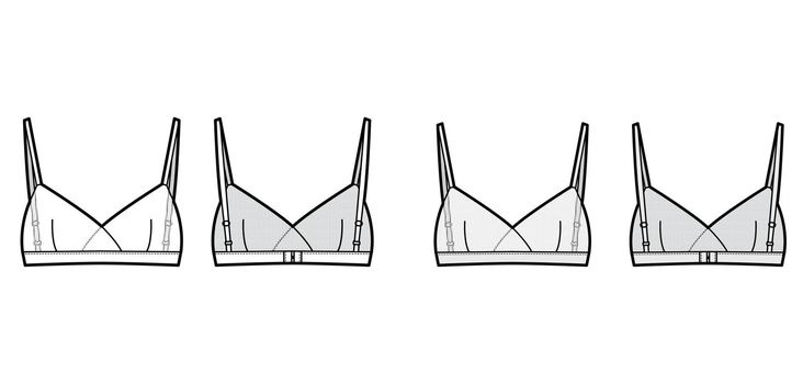 Sheer Bralette lingerie technical fashion illustration with adjustable shoulder straps, hook-and-eye closure. Flat