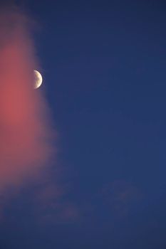 Beautiful crescent moon between pink clouds