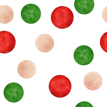 Watercolor hand drawn seamless pattern with red green beige polka dot round circles. Abstract geometric fabric print. Christmas winter festive background element.