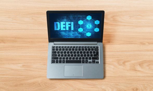 Decentralized finance or DeFi concept on modish computer screen