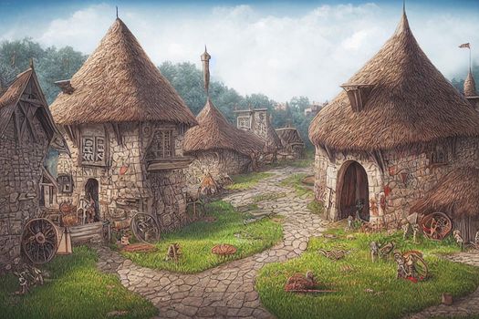 3D render of fantasy medieval village with a lot of buildings. Digital art illustration