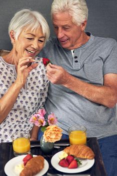 All happiness depends on a leisurely breakfast. a senior couple having breakfast in bed.