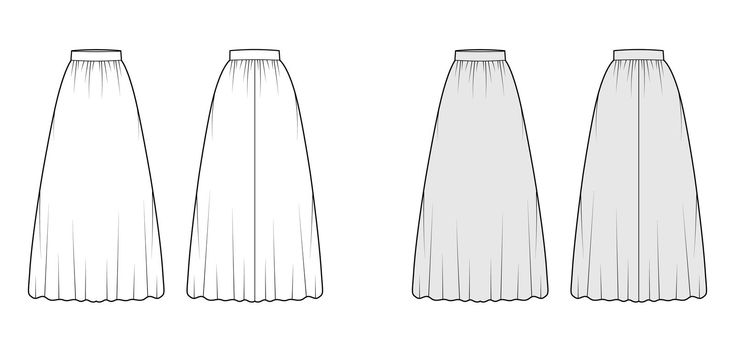 Skirt maxi dirndl technical fashion illustration with floor ankle lengths silhouette, semi-circular fullness. Flat bottom template front, back, white grey color style. Women men unisex CAD mockup