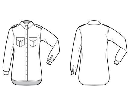 Shirt pilot airline technical fashion illustration with chevron, elbow folded long sleeves, angled flap pockets. Flat