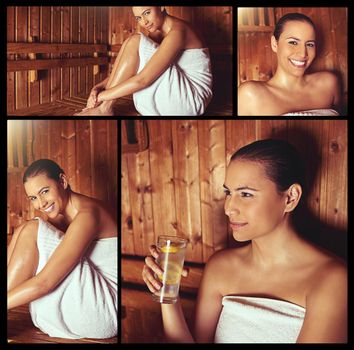 Time to steam your worries away. Composite image of an attractive young woman relaxing in a sauna.