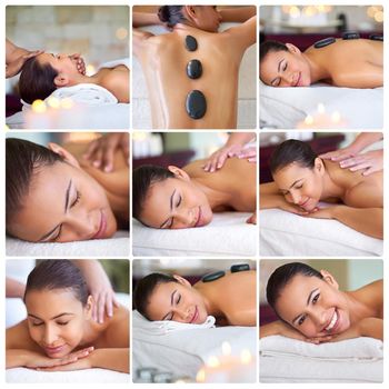 Treat yourself to a day of tranquility. Composite image of an attractive young woman lying on a massage bed at the spa.