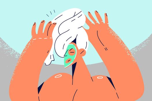 Happy young naked woman in towel on head taking shower at home. Smiling girl having spa procedures in bathroom on weekend. Vector illustration.