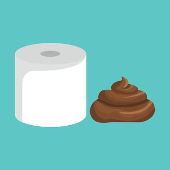 Roll of toilet paper and pile of dog poop in flat cartoon style. Funny excrement art.