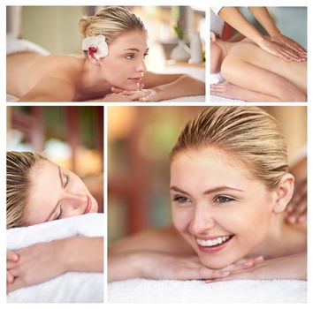 Retreat to the spa for a day of relaxation. Composite image of an attractive young woman lying on a massage table at the spa.