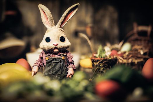 3D render cute little rabbit peasant dressed in overalls in garden full of vegetable and easter eggs