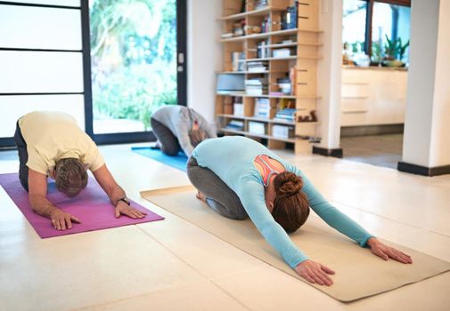 Keeping their wellness in check with yoga. a yoga instructor guiding a senior couple in a yoga class