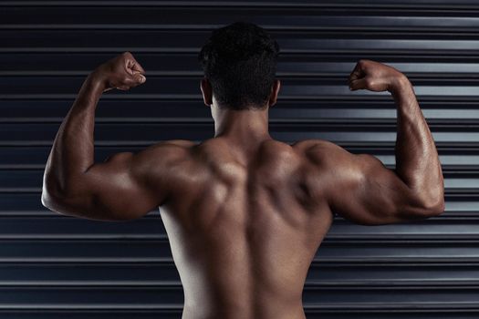 Thats a back to be proud of. Rearview shot of an athletic young man flexing his biceps against a dark background.