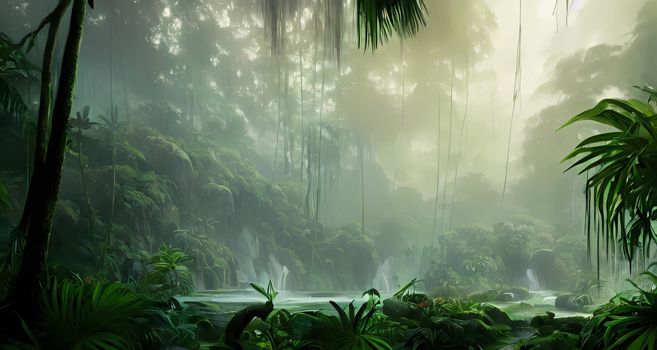 Beautiful tropical vegetation garden with palm leaves, lush foliage in a green wild jungle, rain forest background. Digital Concept Art Illustration