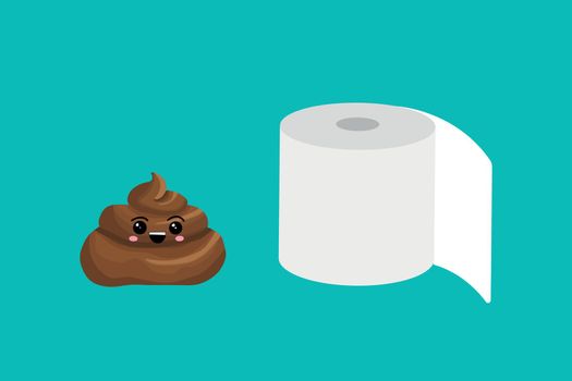 Roll of toilet paper and pile of dog poop in flat cartoon style. Funny excrement art.