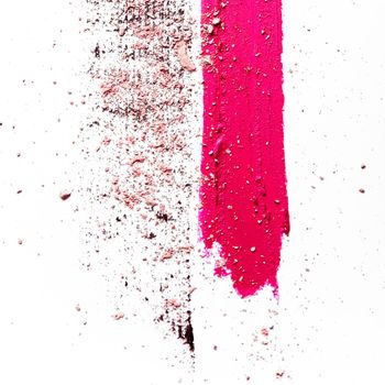 Lipstick smudge, mascara stroke and crushed eyeshadow isolated on white background