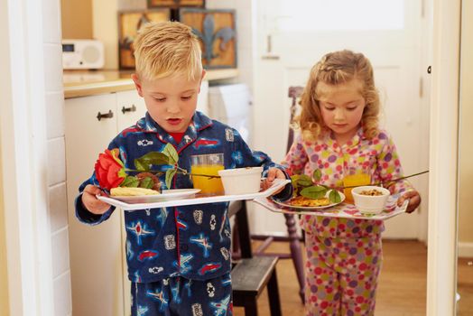 Breakfast in bed is on its way. two little siblings carrying serving trays with breakfast at home.