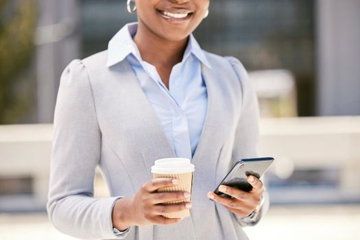 Happy black woman hands typing on phone in city on social media on work break with coffee cup. Entrepreneur browse internet or online web, writing business email sms message or texting on smartphone.