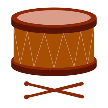 Drum with sticks isolated on a white background. A classical percussion musical instrument. Flat style. Vector