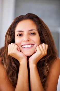 Happy face and smile with healthy mouth, teeth and good oral or dental hygiene beauty. Portrait of a woman with joyful facial expression and happiness, confident and joy while relax at home.