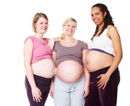 Pregnant girl friends, pregnancy and future mother friend support group with a happy smile. Portrait of mothers showing diversity and their stomach with woman empowerment, happiness and trust