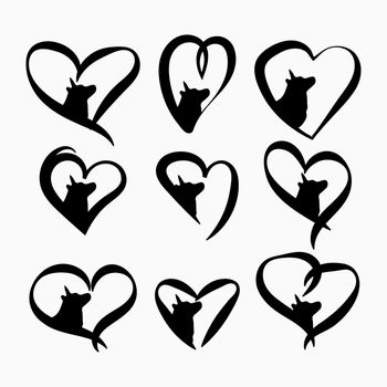 A set of illustrations of the head of a dog in a heart. Logo for a veterinary clinic, pet shop. Black outline. Stylish minimalistic vector illustration
