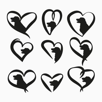 A set of illustrations of the head of a dog in a heart. Logo for a veterinary clinic, pet shop. Black outline. Stylish minimalistic vector illustration