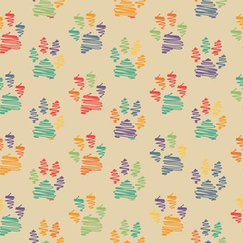 Cute seamless pattern with colorful hand drawn doodle paw prints. Animal background.