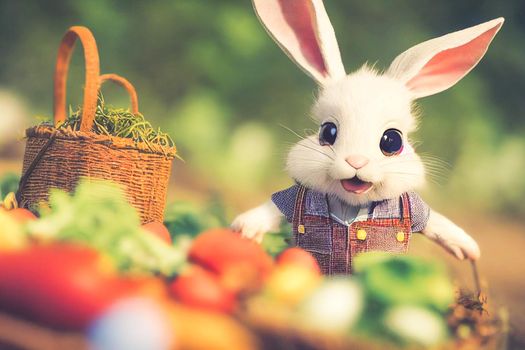 3D render cute little rabbit peasant dressed in overalls in garden full of vegetable and easter eggs