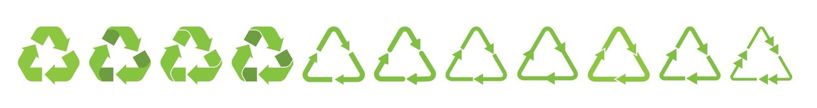 Solid green recycle triangle arrow symbols set