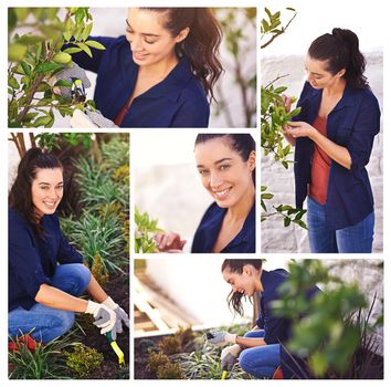 You cant buy happiness but you can buy plants. Composite image of an attractive young woman gardening.
