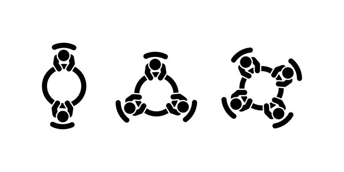 Set of brainstorming and teamwork icons. Business meeting. People in conference room sitting around a table working together on new creative projects. Flat vector design.