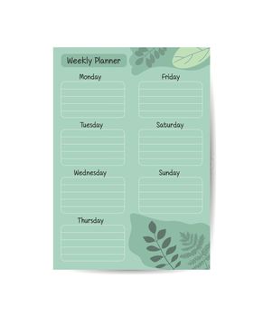 Weekly planner template. to-do list planner template with tropical leaves Vector illustration.