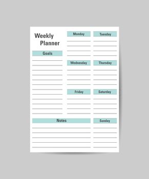 Weekly planning template. Design on a white and turquoise background.