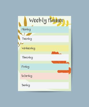 Autumn Weekly Planner Template, Week Calendar Schedule with Bright Autumnal Leaves Vector Illustration