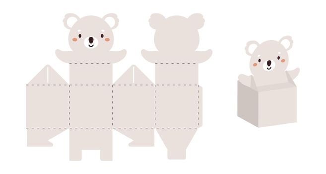 Simple packaging favor box koala design for sweets, candies, small presents. Party package template for any purposes, birthday, baby shower. Print, cut out, fold, glue. Vector stock illustration